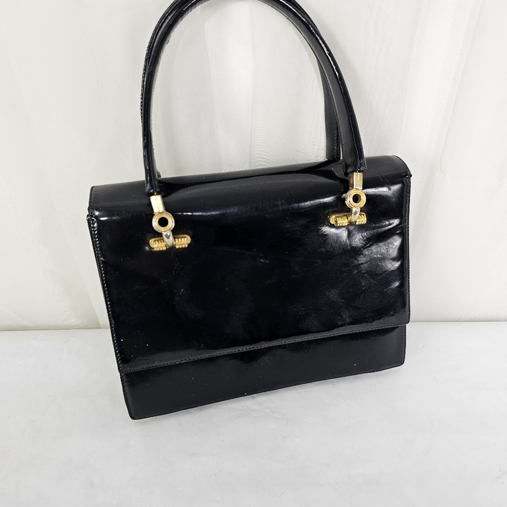 Vintage Igor Handbag Black Patent Leather Top Handle Jackie-O